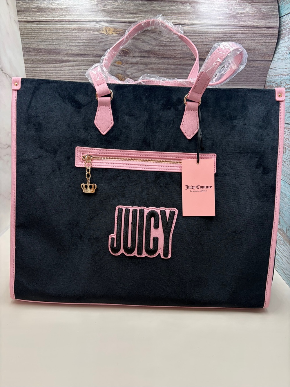Juicy Couture Black and Pink Tote with Crown Charm